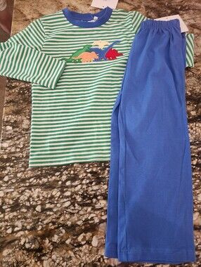 Kids Green Stripe & Blue Dinosaur Two-Piece Set